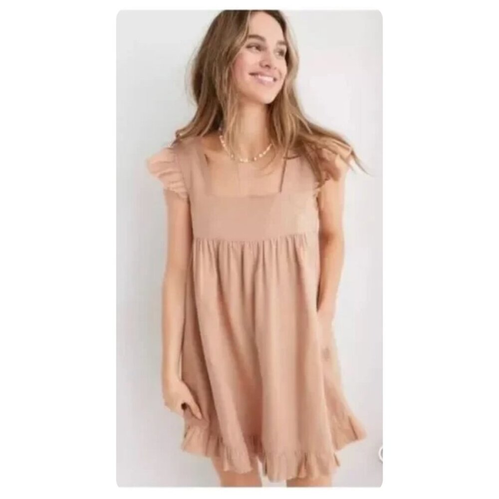 Aerie Ruffle Sleeve Dress in Light Brown